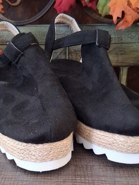 Women's Black Platform Espadrille Slingback - Casual Wedge Sandals